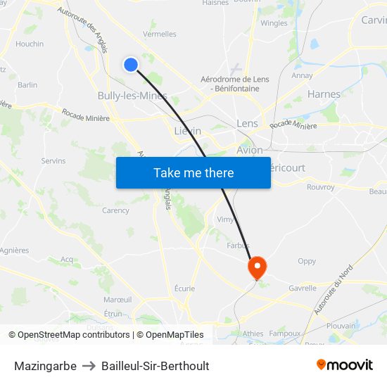 Mazingarbe to Bailleul-Sir-Berthoult map