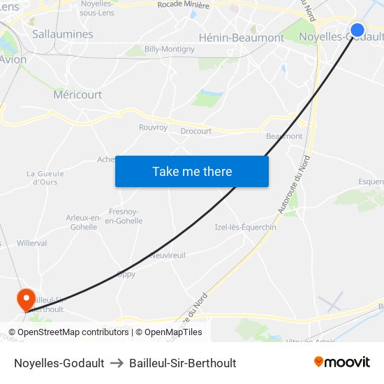 Noyelles-Godault to Bailleul-Sir-Berthoult map