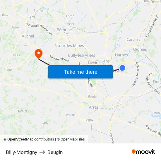 Billy-Montigny to Beugin map