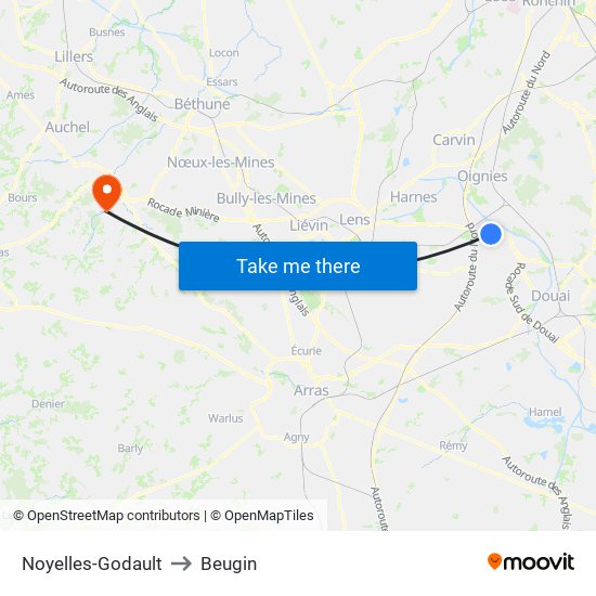 Noyelles-Godault to Beugin map