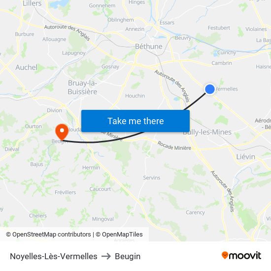 Noyelles-Lès-Vermelles to Beugin map