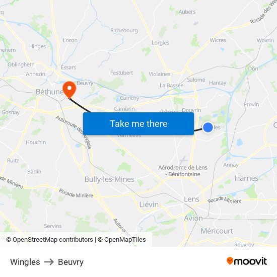 Wingles to Beuvry map