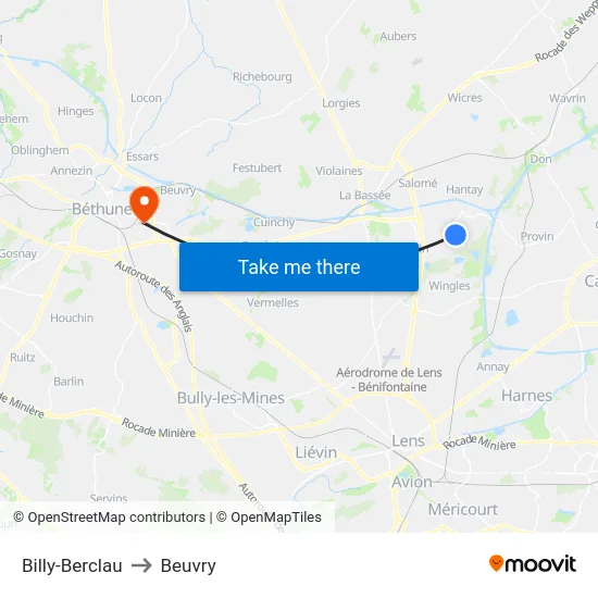 Billy-Berclau to Beuvry map