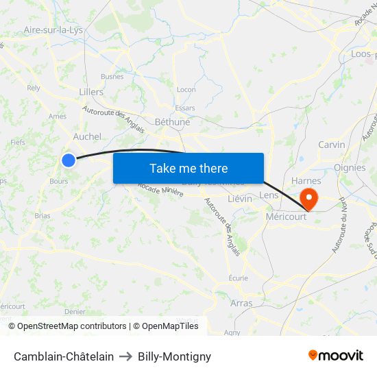 Camblain-Châtelain to Billy-Montigny map