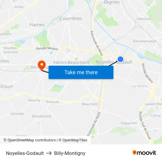 Noyelles-Godault to Billy-Montigny map