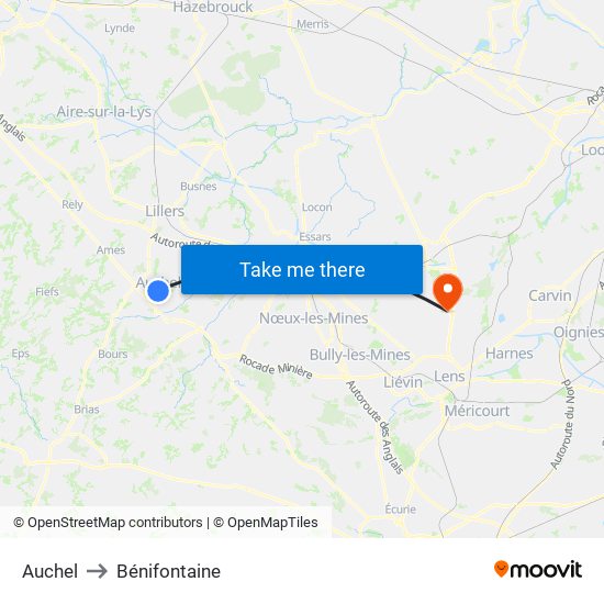 Auchel to Bénifontaine map