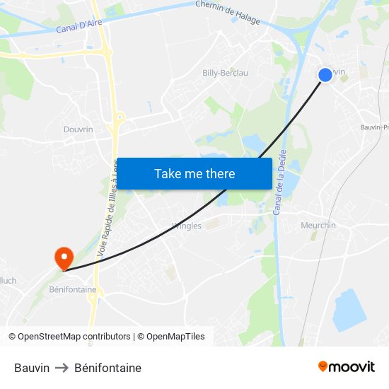 Bauvin to Bénifontaine map