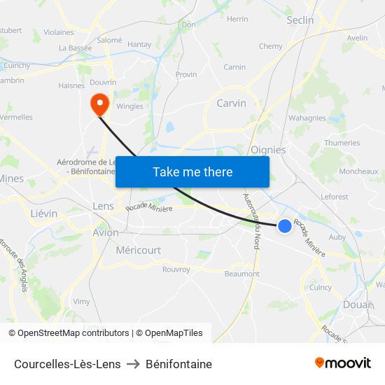Courcelles-Lès-Lens to Bénifontaine map