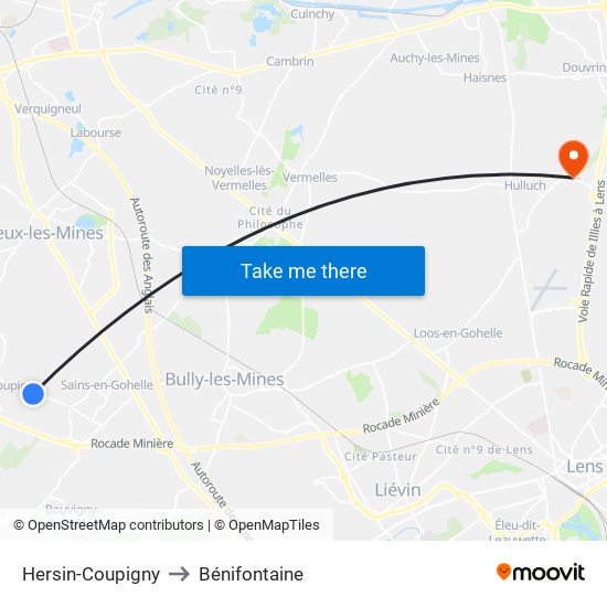 Hersin-Coupigny to Bénifontaine map