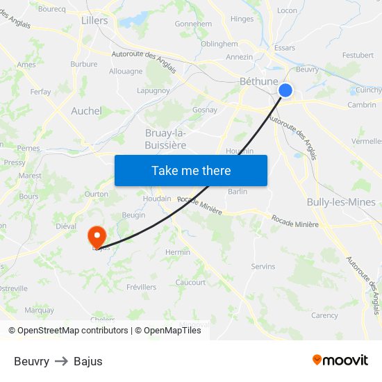 Beuvry to Bajus map