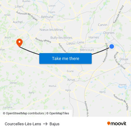 Courcelles-Lès-Lens to Bajus map