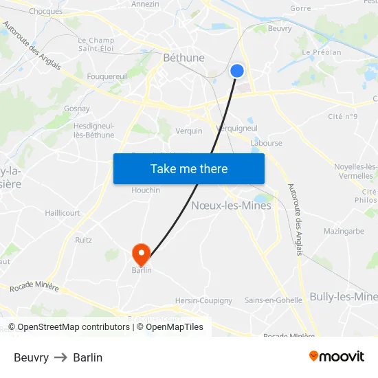 Beuvry to Barlin map
