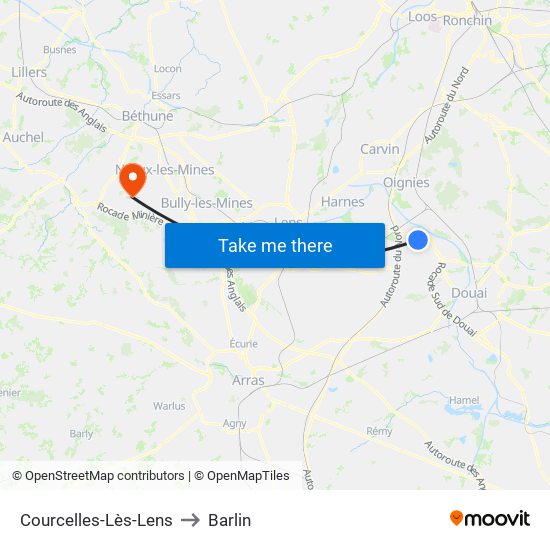 Courcelles-Lès-Lens to Barlin map