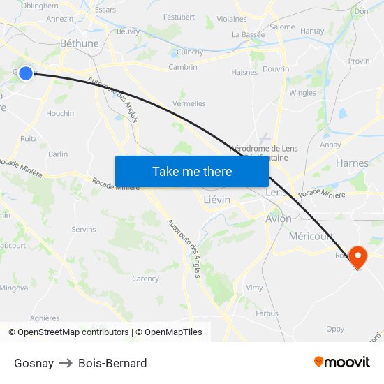 Gosnay to Bois-Bernard map