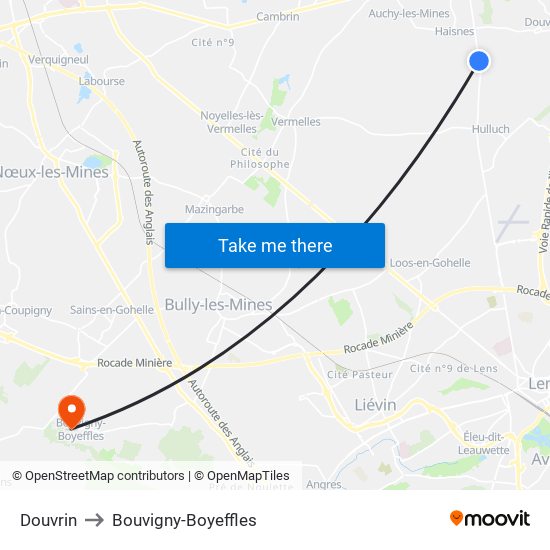 Douvrin to Bouvigny-Boyeffles map