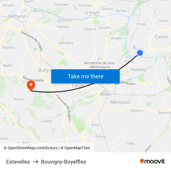 Estevelles to Bouvigny-Boyeffles map