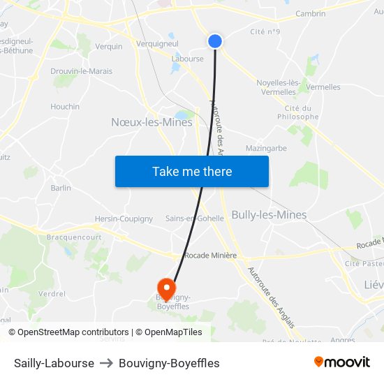 Sailly-Labourse to Bouvigny-Boyeffles map