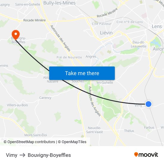 Vimy to Bouvigny-Boyeffles map