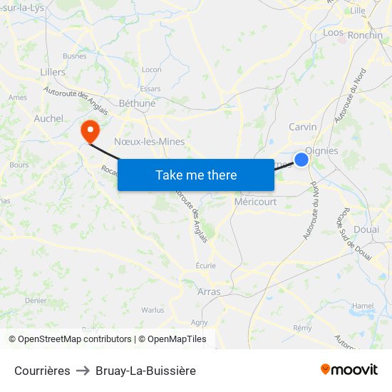 Courrières to Bruay-La-Buissière map