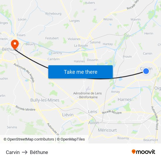 Carvin to Béthune map