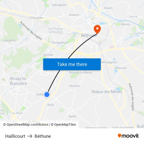 Haillicourt to Béthune map