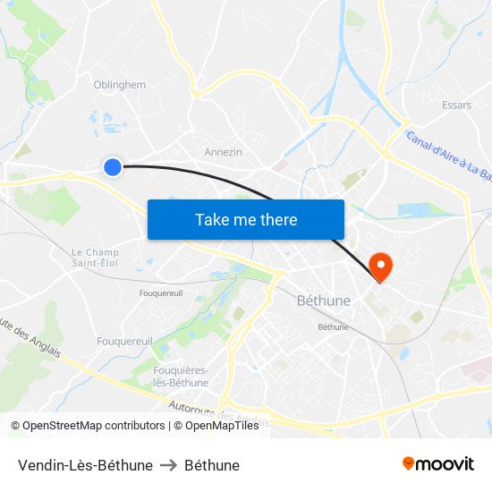 Vendin-Lès-Béthune to Béthune map