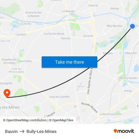 Bauvin to Bully-Les-Mines map