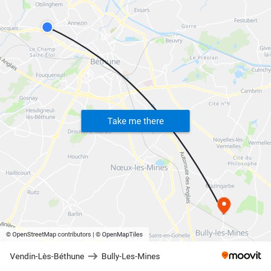 Vendin-Lès-Béthune to Bully-Les-Mines map