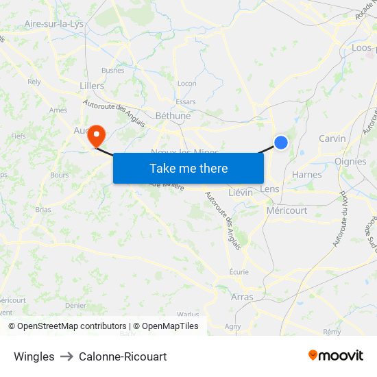 Wingles to Calonne-Ricouart map