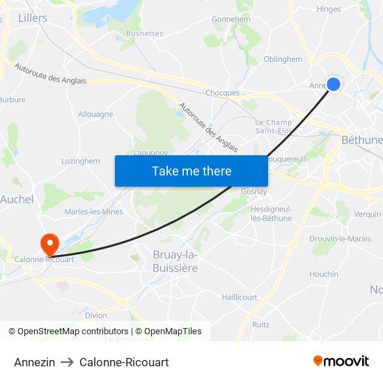 Annezin to Calonne-Ricouart map