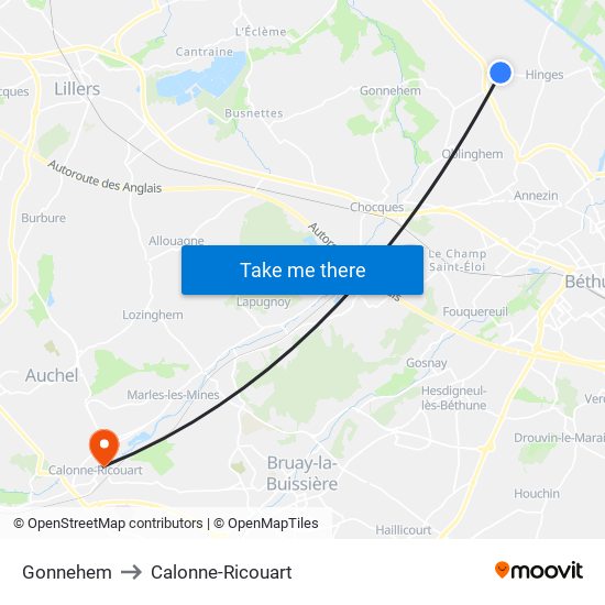 Gonnehem to Calonne-Ricouart map