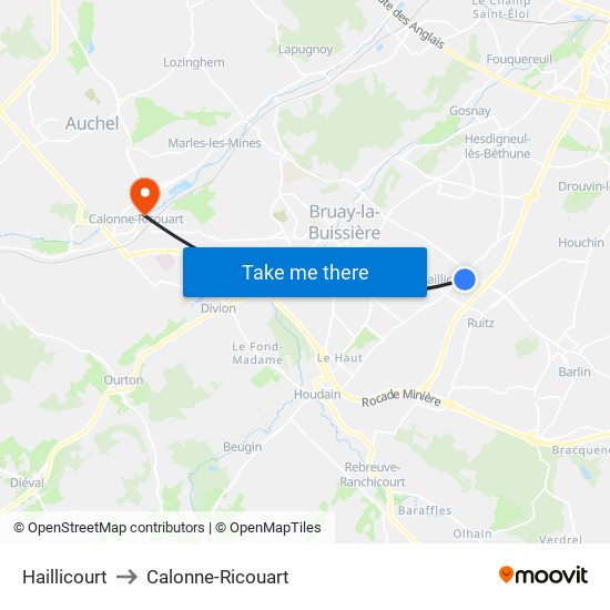 Haillicourt to Calonne-Ricouart map