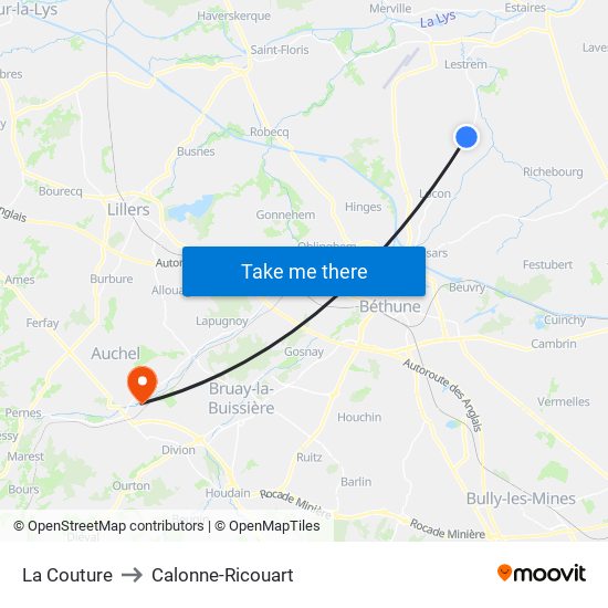 La Couture to Calonne-Ricouart map