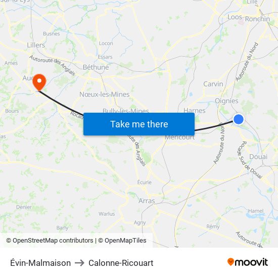 Évin-Malmaison to Calonne-Ricouart map