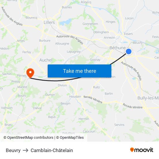 Beuvry to Camblain-Châtelain map