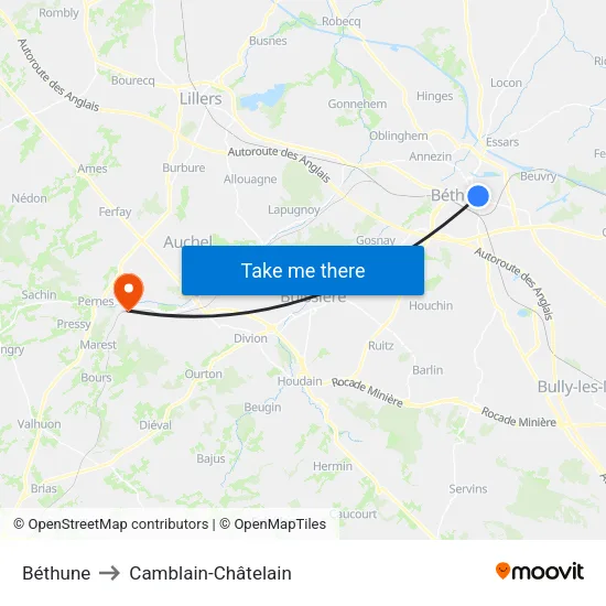Béthune to Camblain-Châtelain map