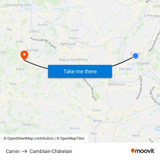 Carvin to Camblain-Châtelain map