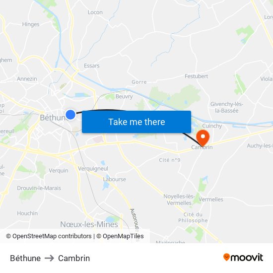 Béthune to Cambrin map