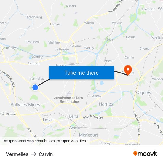 Vermelles to Carvin map