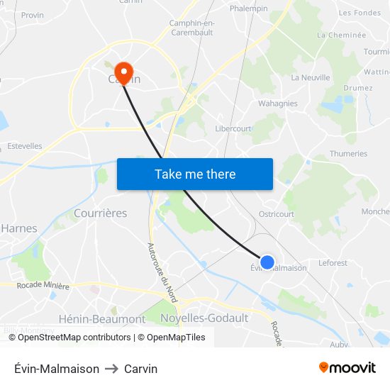 Évin-Malmaison to Carvin map