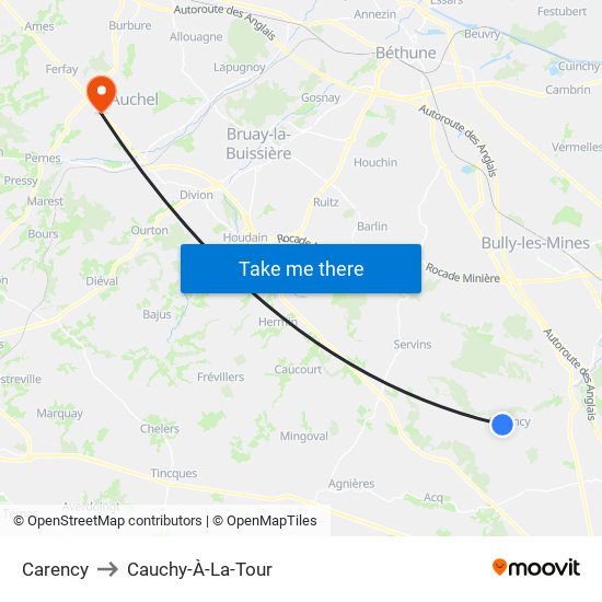 Carency to Cauchy-À-La-Tour map