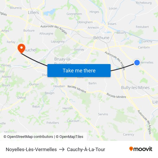 Noyelles-Lès-Vermelles to Cauchy-À-La-Tour map