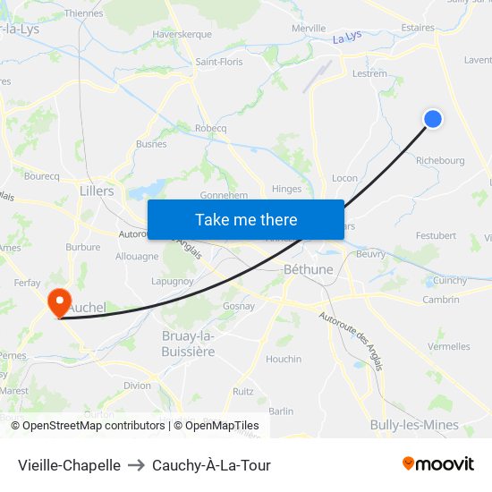 Vieille-Chapelle to Cauchy-À-La-Tour map