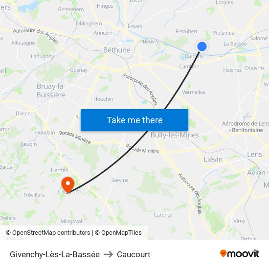 Givenchy-Lès-La-Bassée to Caucourt map