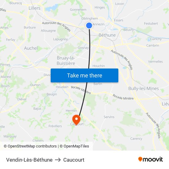 Vendin-Lès-Béthune to Caucourt map