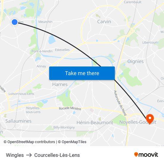 Wingles to Courcelles-Lès-Lens map