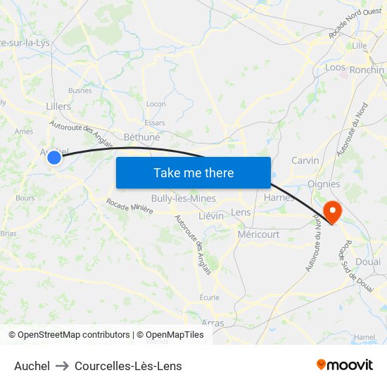 Auchel to Courcelles-Lès-Lens map