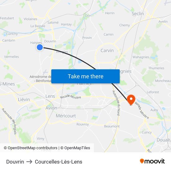 Douvrin to Courcelles-Lès-Lens map