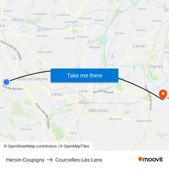 Hersin-Coupigny to Courcelles-Lès-Lens map