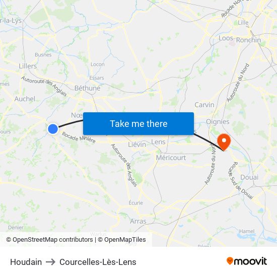 Houdain to Courcelles-Lès-Lens map